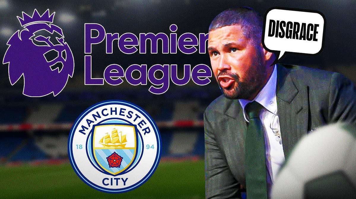 Tony Bellew saying: ‘disgrace’ in front of the Premier League and Manchester City logos