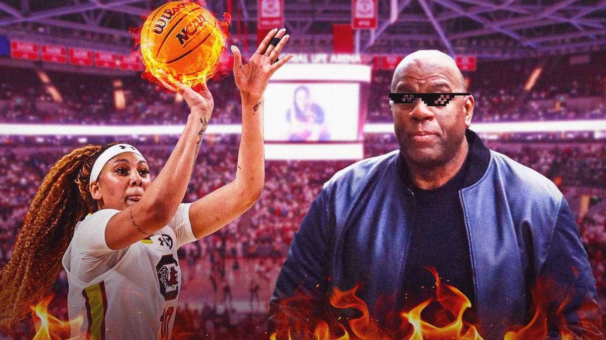 Magic Johnson with deal with it shades and Kamilla Cardoso (South Carolina) taking a shot with the ball on fire