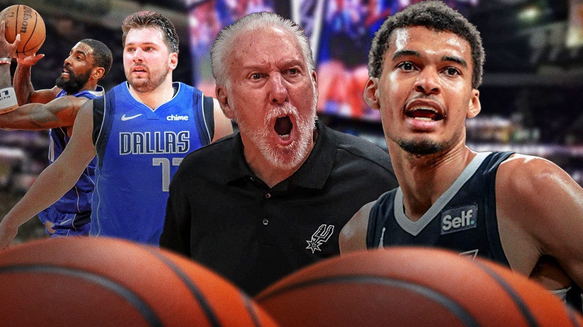 Spurs coach Gregg Popovich yelling/looking mad at Victor Wmebanyama and Mavericks' Luka Doncic and Kyrie Irving