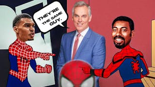 Victor Wembanyama and Wilt Chamberlain both as Spider Man. Colin Cowherd looking at them