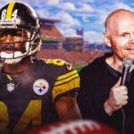 Fomer Steelers WR Antonio Brown stands next to Bill Burr, Texans punter Cameron Johnston picture floats our of frame