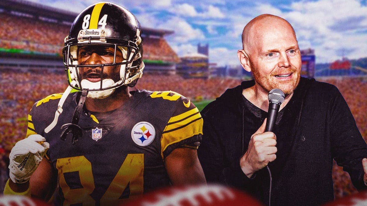 Fomer Steelers WR Antonio Brown stands next to Bill Burr, Texans punter Cameron Johnston picture floats our of frame