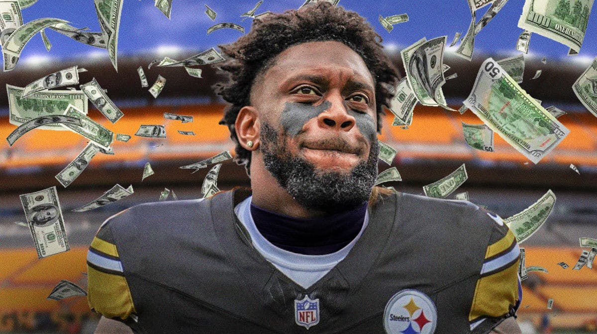 Patrick Queen in a Steelers uniform with money falling around him.