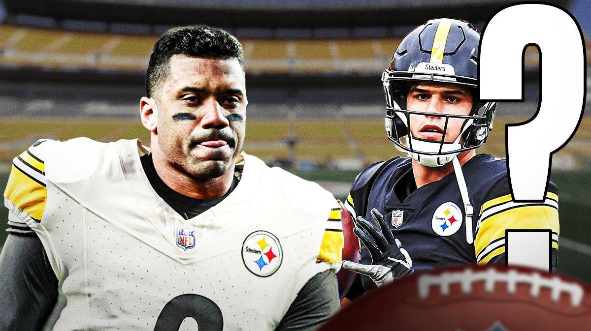 Steelers' Mason Rudolph on left with a question mark next to him. Russell Wilson in a Steelers uniform on right.