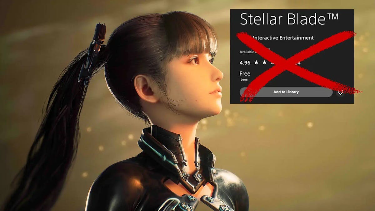 stellar blade demo, stellar blade, stellar blade gameplay, an image of EVE from stellar blade with a grayed out demo download for the game and a red x mark over it