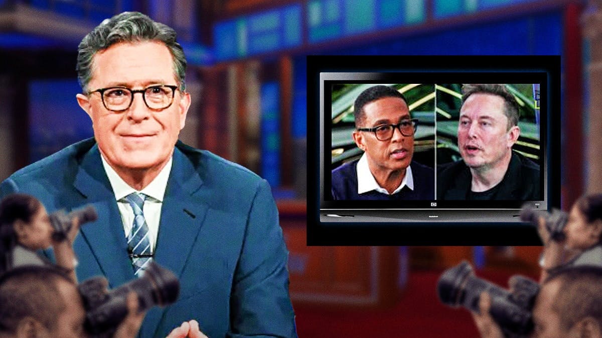 Stephen Colbert on The Late Show set next to a TV with the Don Lemon, Elon Musk interview