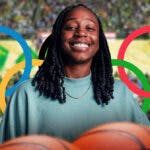 Seattle Storm player Jewell Loyd, with Olympic rings behind her