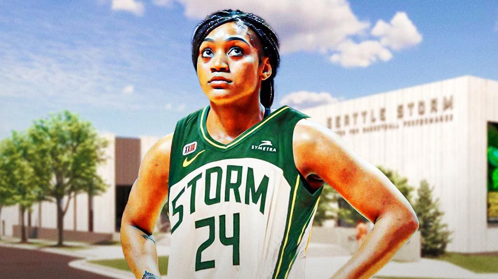 WNBA player Victoria Vivians. Please do a jersey swap so she is in a Seattle Storm jersey, with the city of Seattle in the background