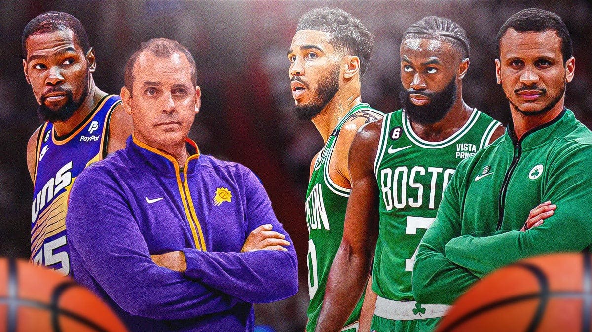 Phoenix Suns' Kevin Durant and Frank Vogel, who lost to the Boston Celtics' Jayson Tatum, Jaylen Brown and coach Joe Mazzulla