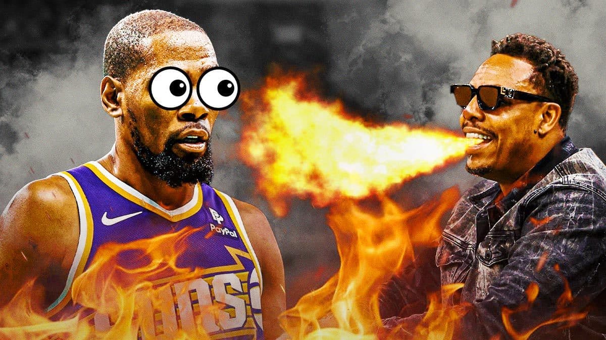 Paul Pierce on one side breathing fire, Kevin Durant on the other side with the big eyes emoji over his face