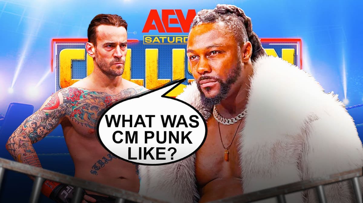 Swerve Strickland with a text bubble reading “What was CM Punk like?” next to CM Punk with the AEW Collision logo as the background.