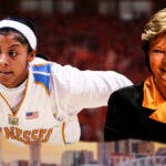 WNBA player Candace Parker, in a University of Tennessee uniform from when she played college basketball for the University of Tennessee, and former Tennessee women’s basketball coach Pat Summitt