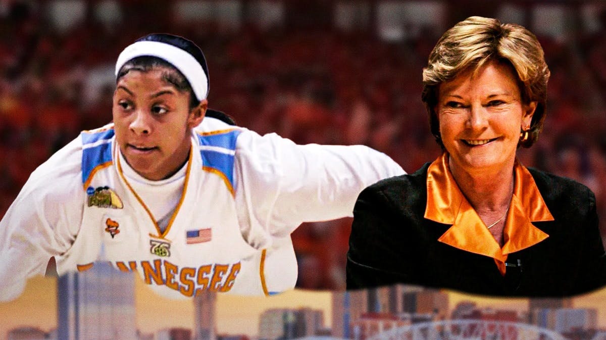 WNBA player Candace Parker, in a University of Tennessee uniform from when she played college basketball for the University of Tennessee, and former Tennessee women’s basketball coach Pat Summitt