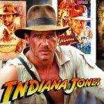Harrison Ford as Indiana Jones with logo and posters for all 5 movies.
