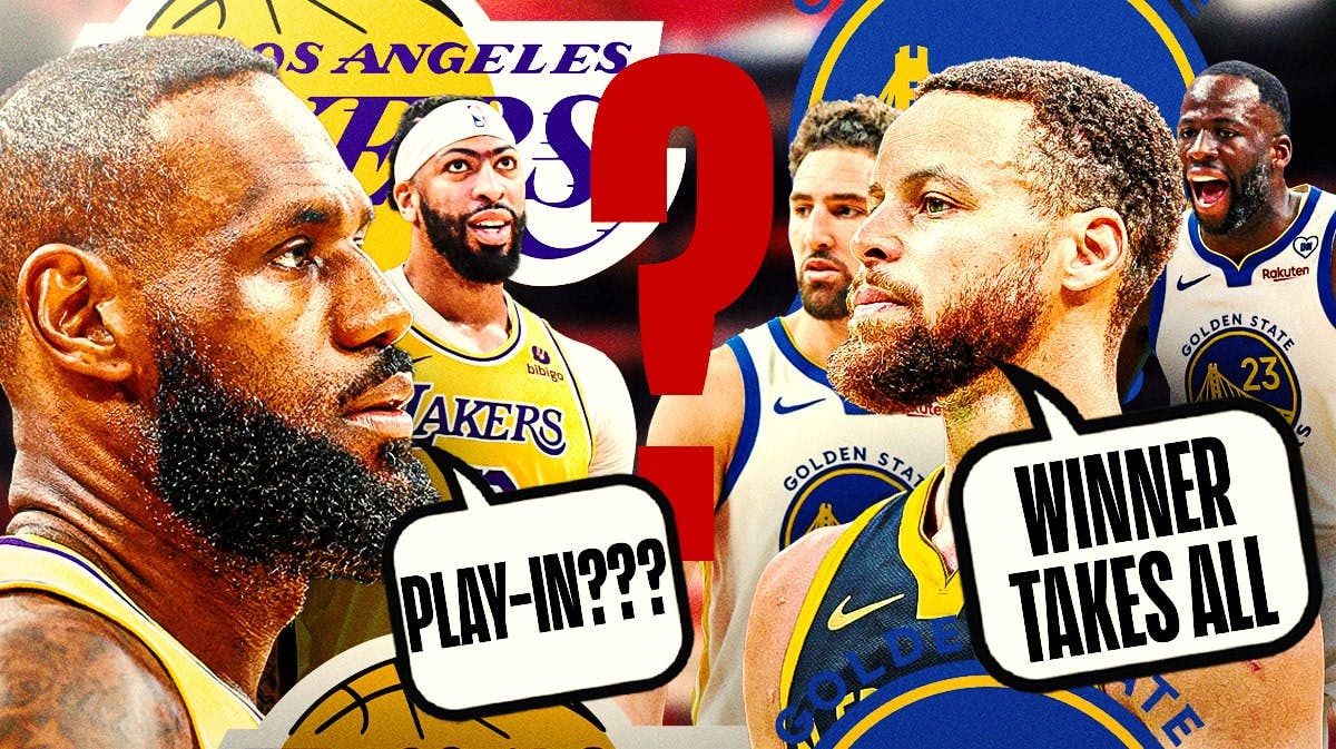 Lakers' LeBron James and Anthony Davis saying "Play-In???" next to Warriors' Stephen Curry, Klay Thompson and Draymond Green saying "Winner takes all"
