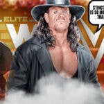 The Undertaker with a text bubble reading “Sting’s legacy is so much bigger than AEW” with the WWE logo behind him on the left and Sting with the AEW logo behind him in a wrestling ring.