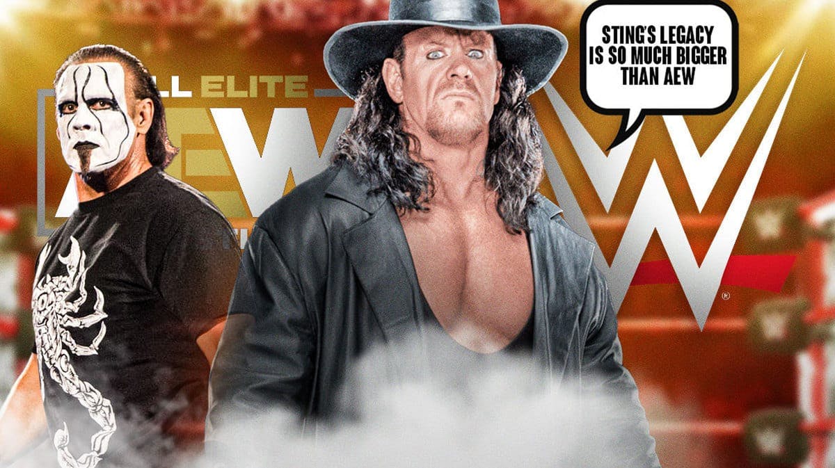 The Undertaker with a text bubble reading “Sting’s legacy is so much bigger than AEW” with the WWE logo behind him on the left and Sting with the AEW logo behind him in a wrestling ring.