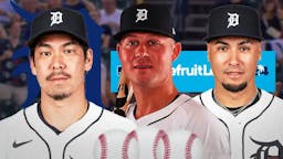 Kenta Maeda, Spencer Torkelson, Javier Biaz all together with Tigers logo in the background and Grapefruit League logo in front.