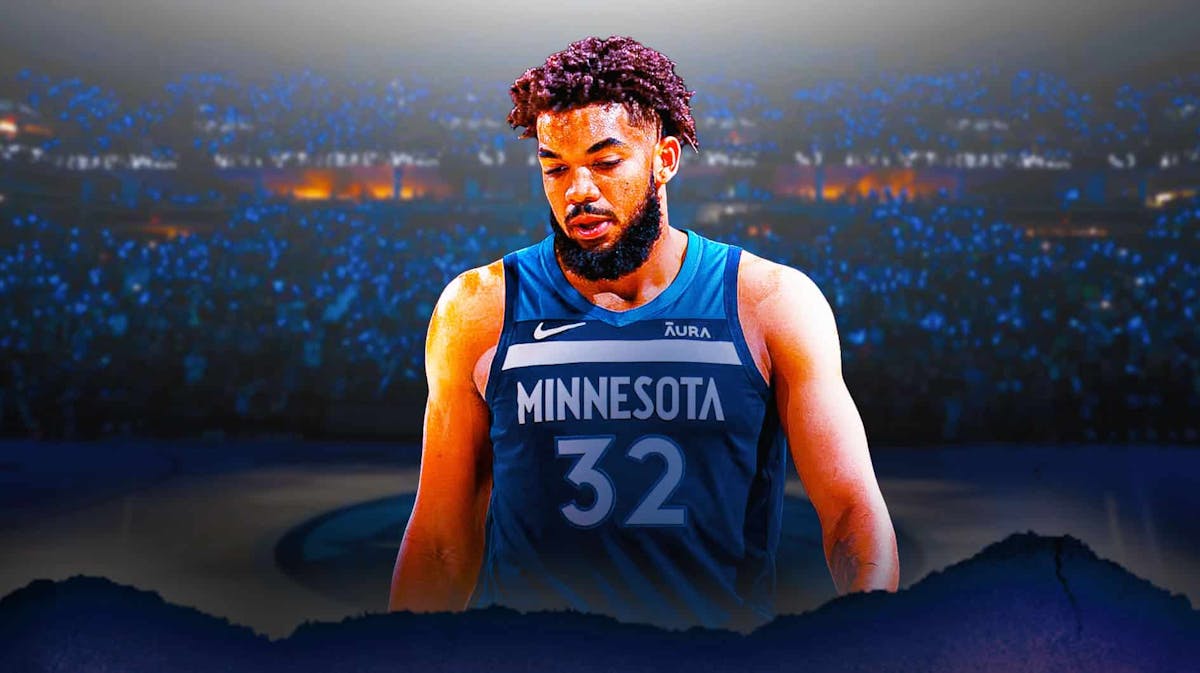 Karl-Anthony Towns with the Timberwolves arena in the background, injury