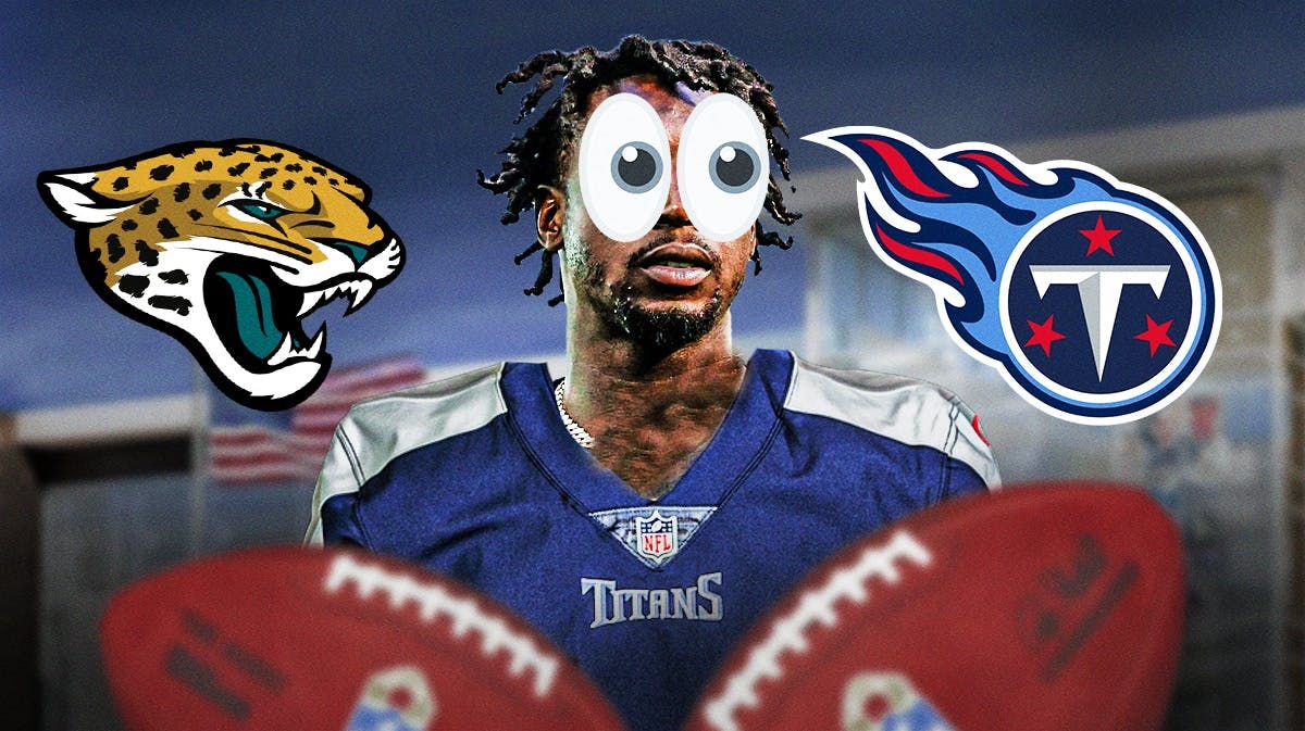 Calvin Ridley in a Titans uniform in front with eyes popping out looking at the Titans' logo. Place the Titans' logo on right. On left, place the Jaguars' logo.