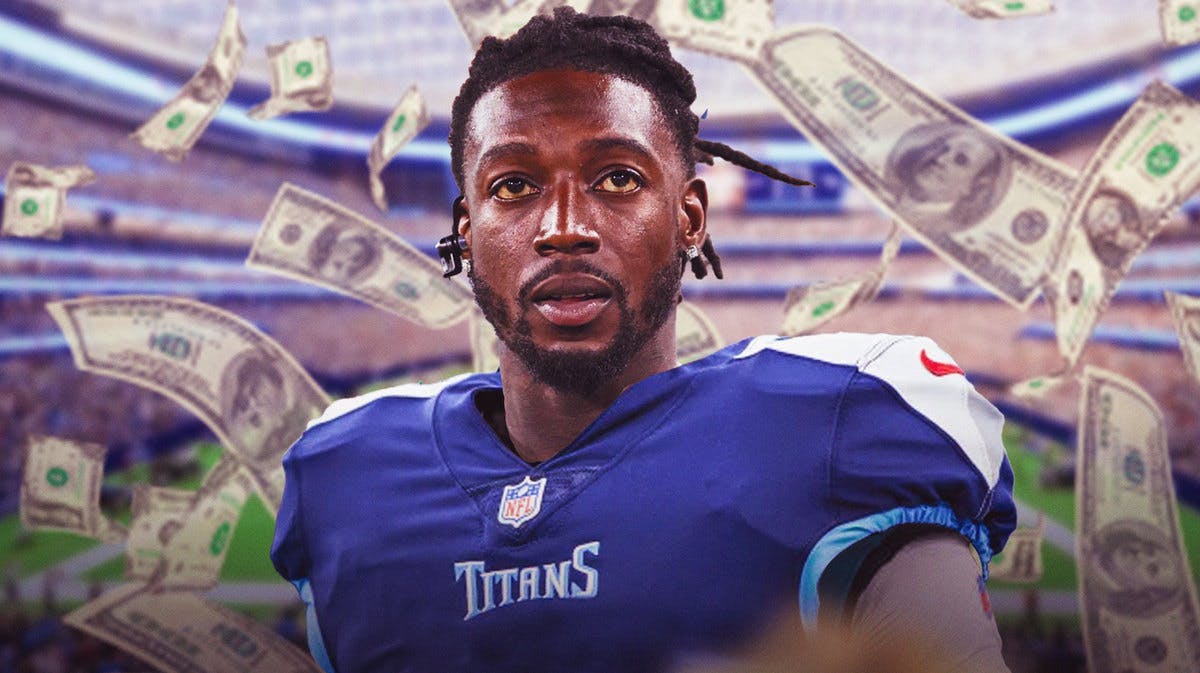 Calvin Ridley in Titans jersey with money flying around him