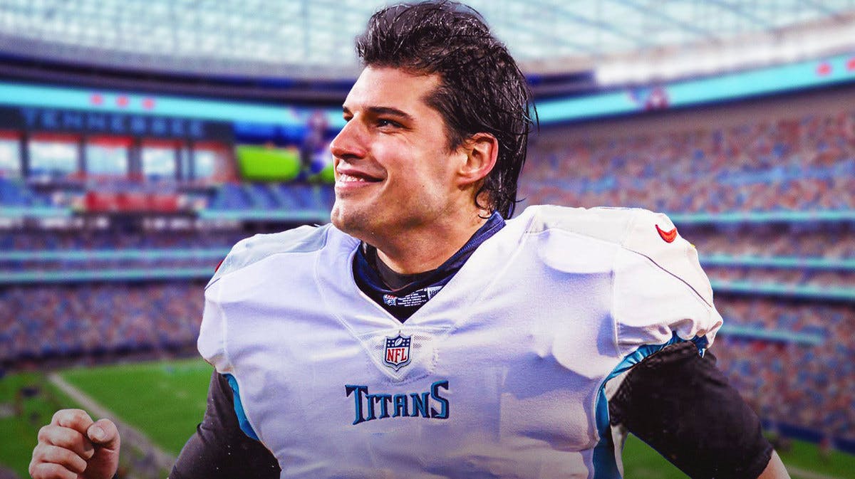 Mason Rudolph wearing Tennesee Titans jersey with stadium in the background.