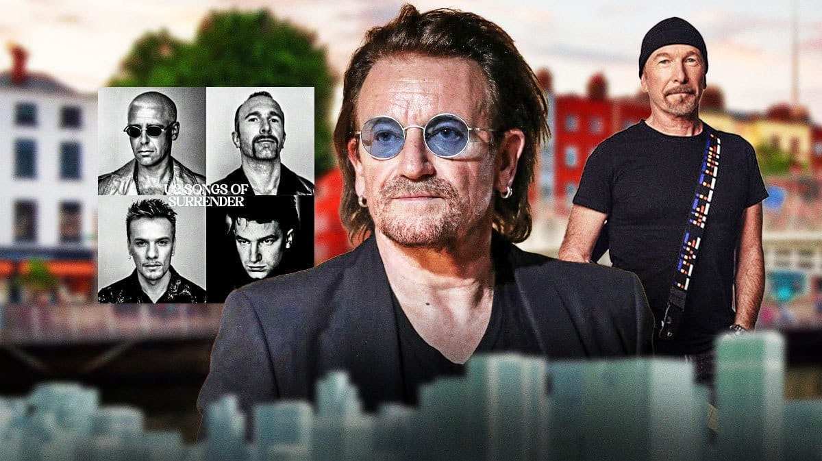 U2 Songs of Surrender album cover and Bono and The Edge with Dublin background.