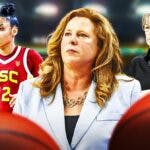 UCLA women’s basketball coach Cori Close, USC women’s basketball player JuJu Watkins, Stanford women’s basketball coach Tara Vanderveer, all part of the Pac-12 Conference
