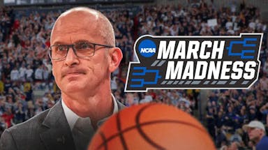 Dan Hurley on one side, the March Madness logo on the other side. UConn basketball