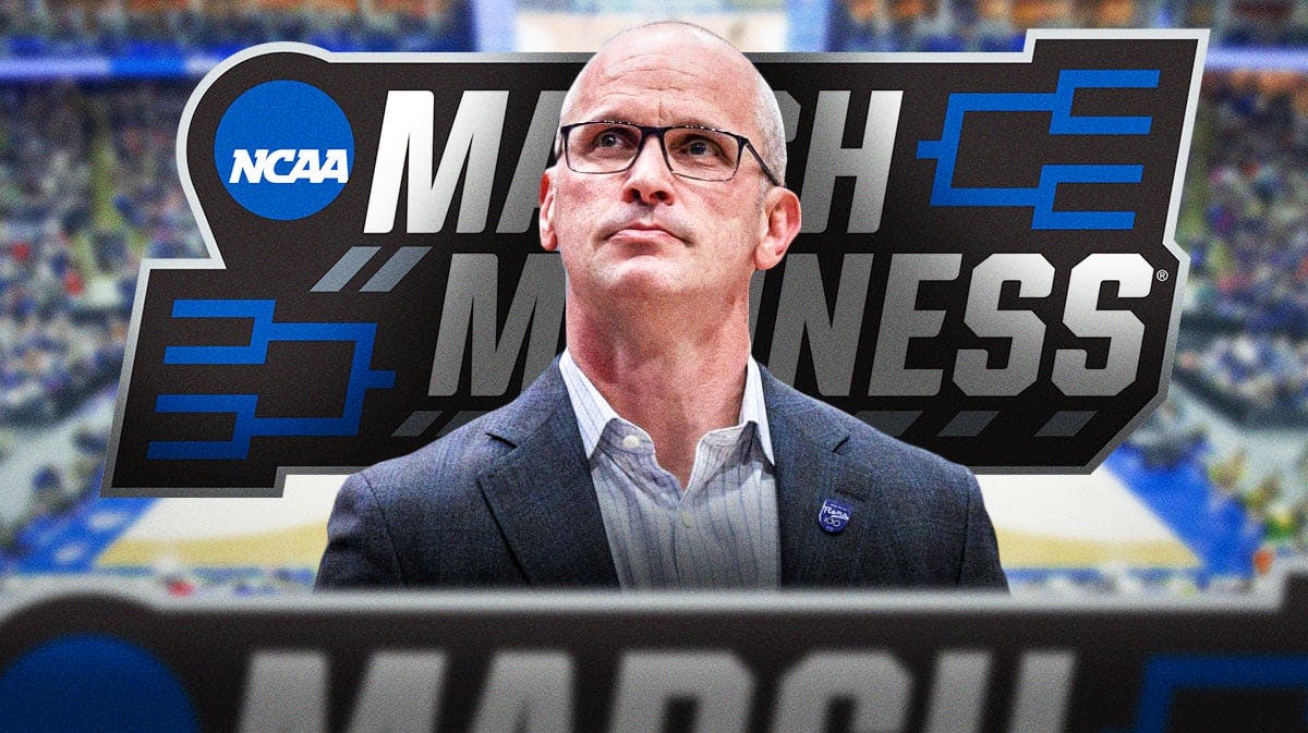 UConn basketball, March Madness, Nebraska basketball, Alabama basketball, Iowa State basketball, Dan Hurley and March Madness logo with UConn basketball arena in the background