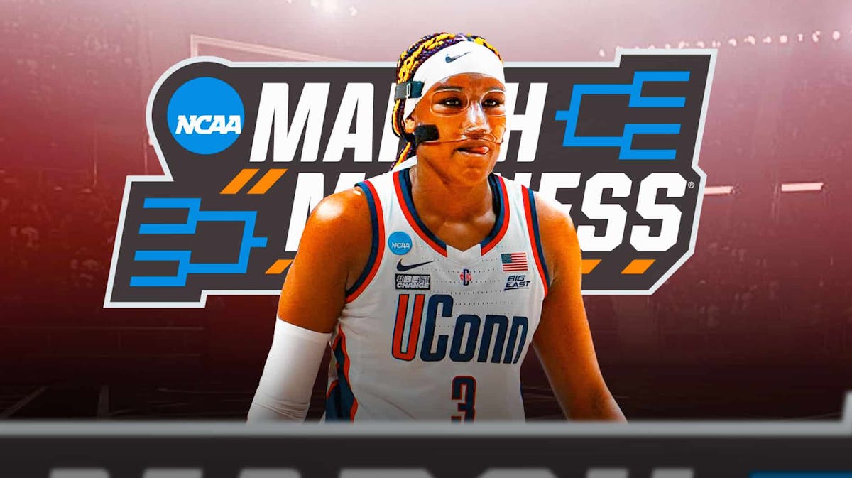UConn women's basketball, Huskies, Aaliyah Edwards, Geno Auriemma, Duke women's basketball, Aaliyah Edwards with Women’s March Madness logo in the background