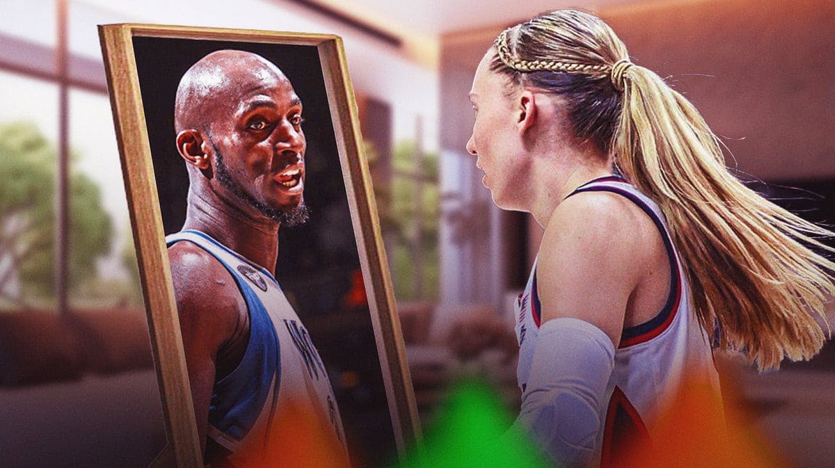 Paige Bueckers (UConn women's basketball) looking at mirror with Kevin Garnett (Timberwolves) reflection