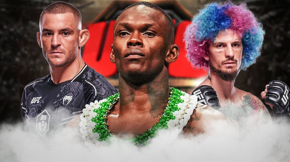 Israel Adesanya in the middle, Dustin Poirier, Sean O’Malley on the sides, the UFC logo behind them