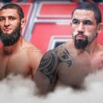 Robert Whittaker saying: ‘This is my path’ next to Khamzat Chimaev in front of the UFC logo