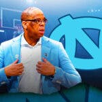 Hubert Davis with the North Carolina Tar Heels logo in the background, March Madness