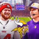 Sam Darnold stands next to Vikings coach Kevin O'Connel amid free agency move, Kirk Cousins fans stand in background