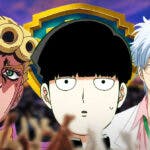 Characters from JoJo's Bizarre Adventure, Mob Psycho 100, and Gintama in front of the WB logo