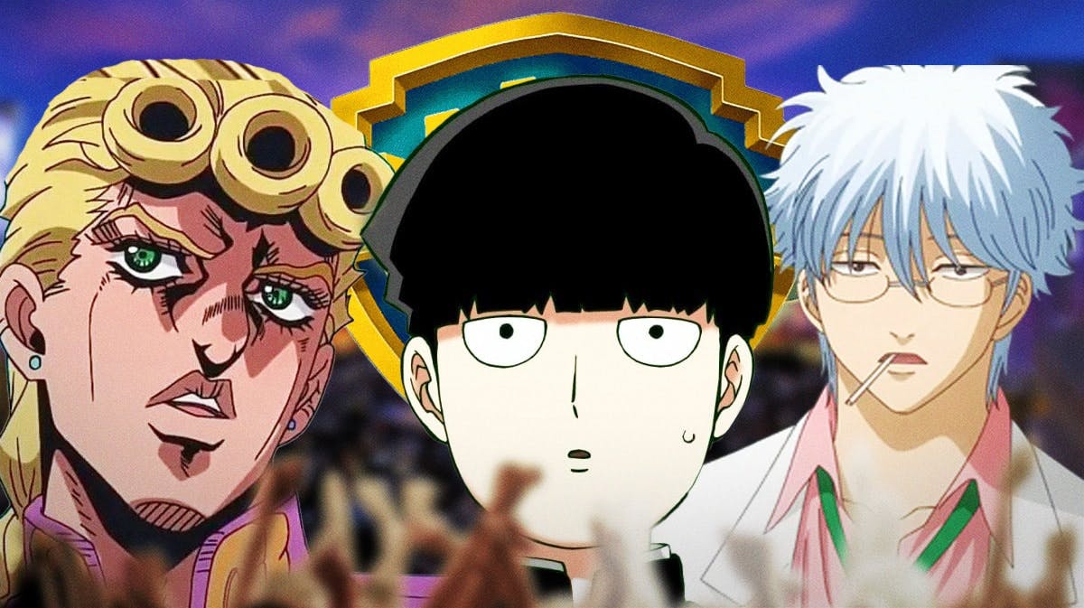 Characters from JoJo's Bizarre Adventure, Mob Psycho 100, and Gintama in front of the WB logo