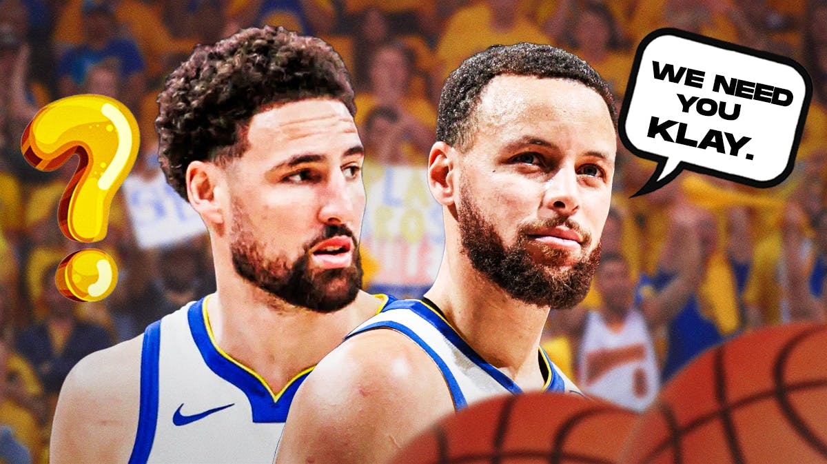 Warriors' Klay Thompson with a question mark and Stephen Curry saying "We need you Klay!"