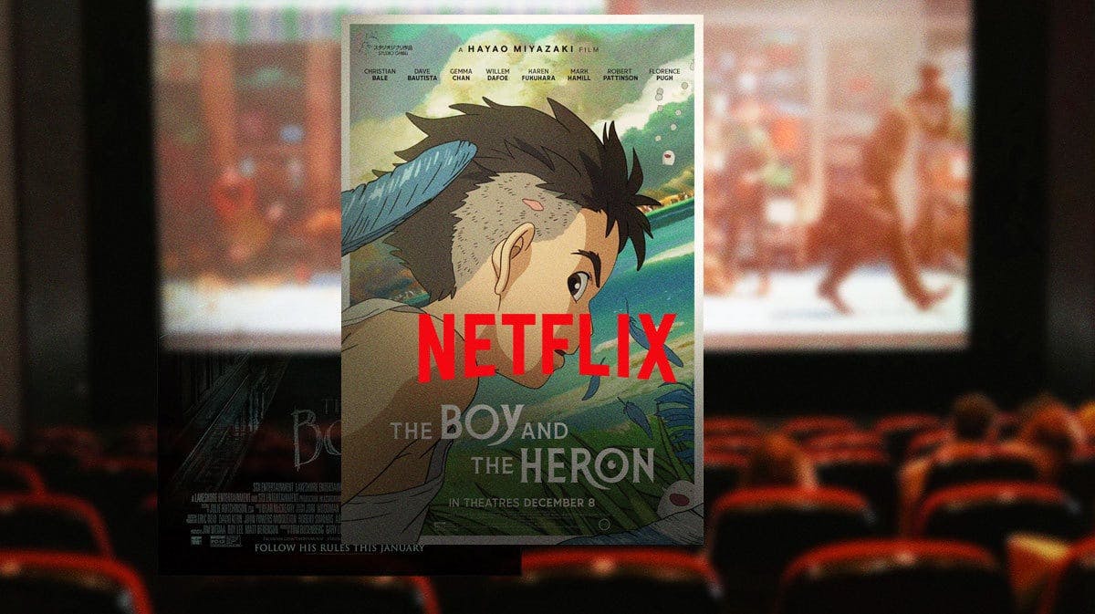 Studio Ghibli's The Boy and the Heron poster with Netflix logo and movie theater background.