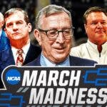John Wooden, Jim Calhoun, Bill Self, Mike Krzyzekski, Dean Smith all together with March Madness logo in front of them. NCAA Basketball Tournament trophies all around the graphic.