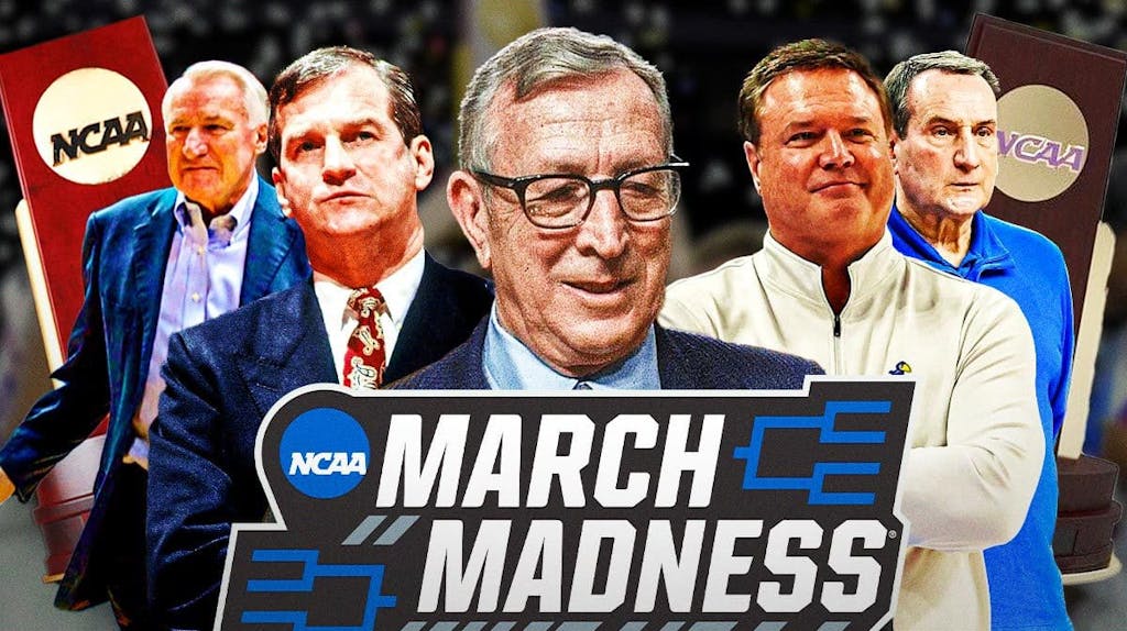 John Wooden, Jim Calhoun, Bill Self, Mike Krzyzekski, Dean Smith all together with March Madness logo in front of them. NCAA Basketball Tournament trophies all around the graphic.