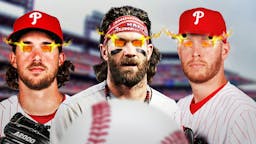 Bryce Harper in front with fire in eyes. Aaron Nola on left, Zack Wheeler on right. Also have them with fire in eyes. Citizens Bank Park background.
