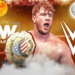 Will Ospreay in the middle with the AEW logo on his left on top of the Sun and the WWE logo over his right on top of the Moon.