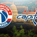 Washington Wizards logo, Washington Capitals logo, Washington DC in the background