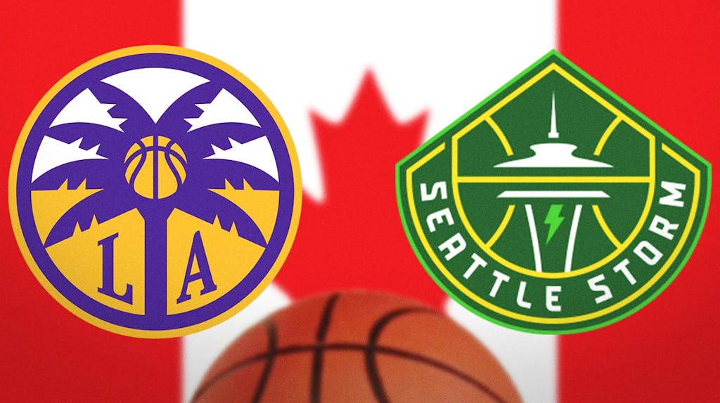the WNBA Los Angeles Sparks logo and the Seattle Storm logo, with the Canadian flag as the background