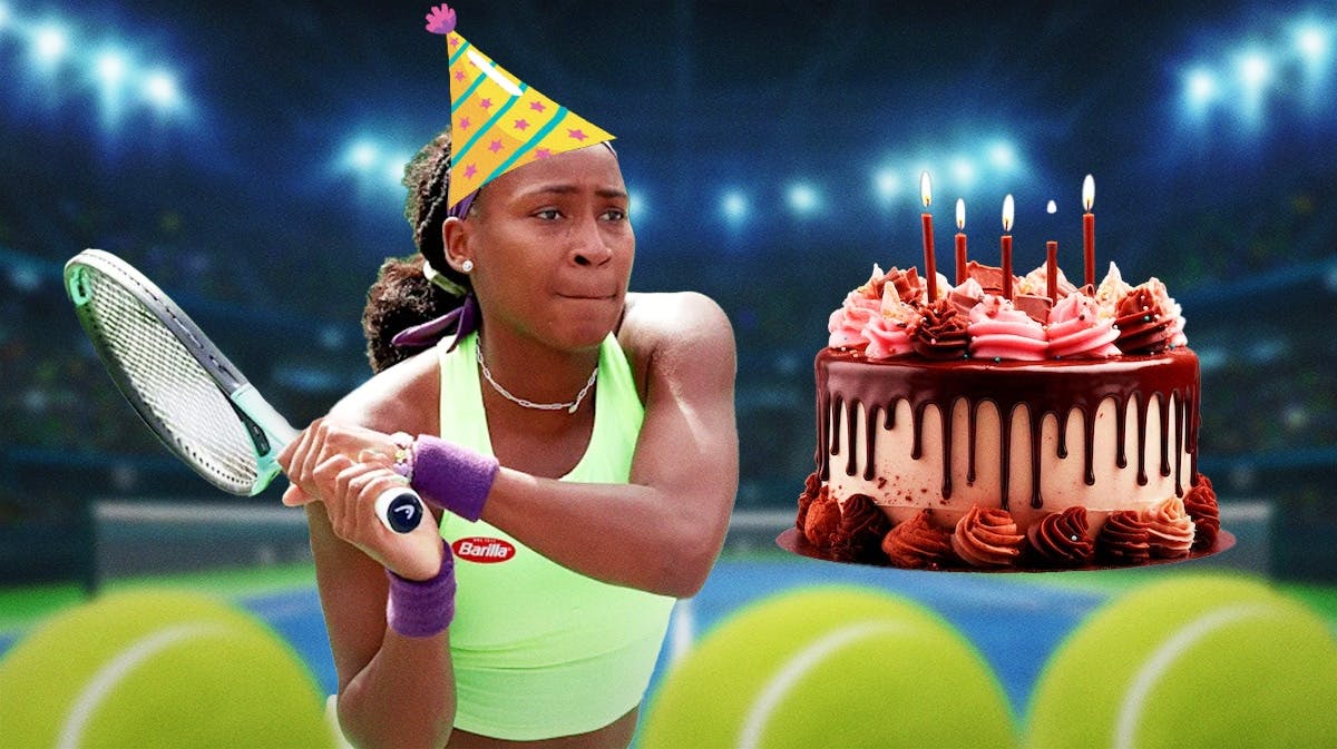Women’s tennis player Coco Gauff, playing tennis, with a happy birthday hat on, and a birthday cake