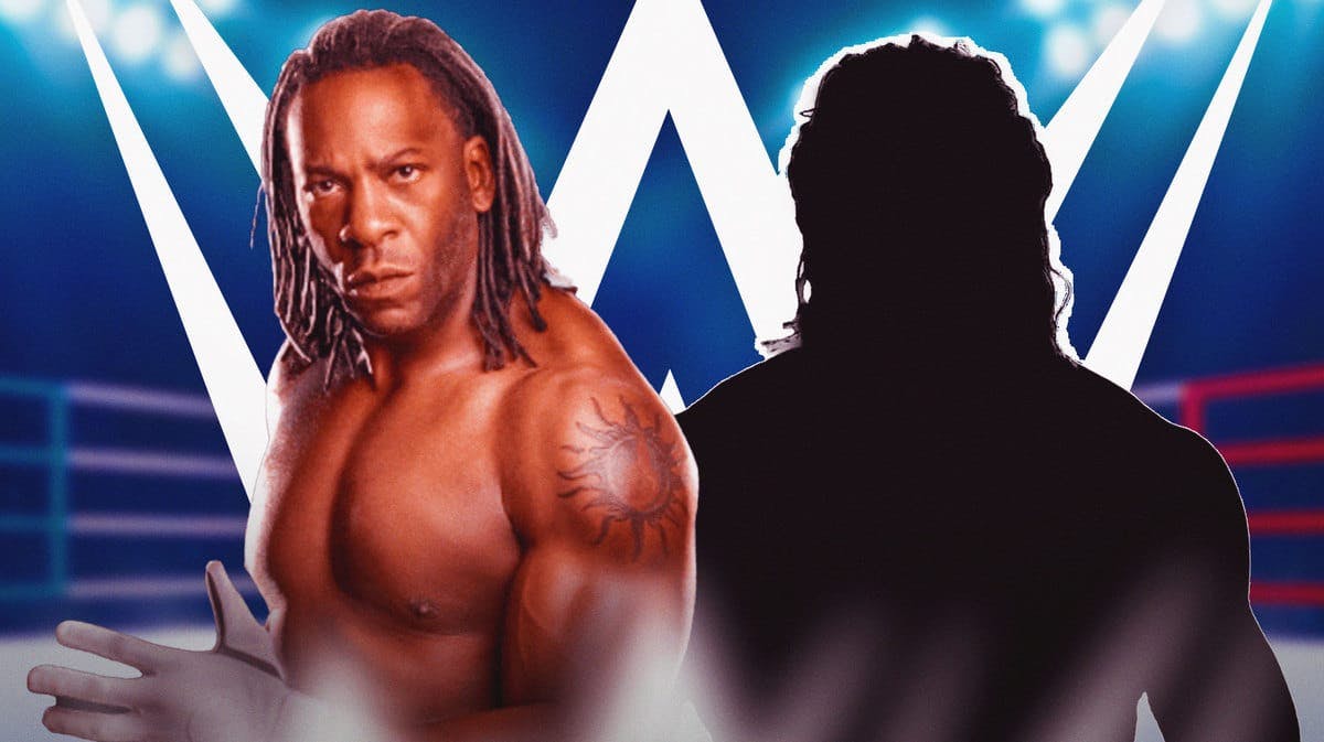 Booker T next to the blacked-out silhouette of Roman Reigns with the WWE logo as the background.