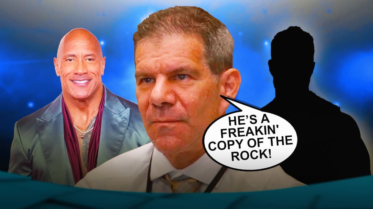 Dave Meltzer with a text bubble reading “ He’s a Freakin' copy of The Rock!” with The Rock on his left and the blacked-out silhouette of LA Knight on the right with the SmackDown logo as the background.