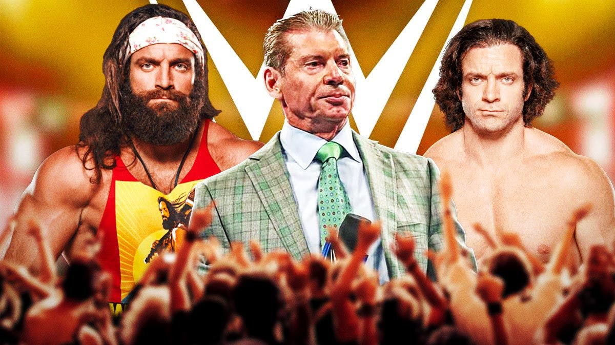 Elias on the left, Vince McMahon in the middle, WWE Ezekiel on the right with the WWE logo as the background.